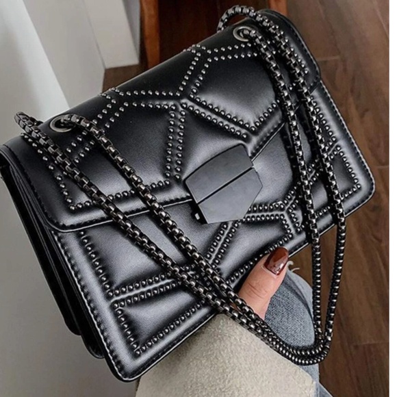 Handbags - Vegan Leather Studded Graphic Chain Mini Shoulder Crossbody Bag